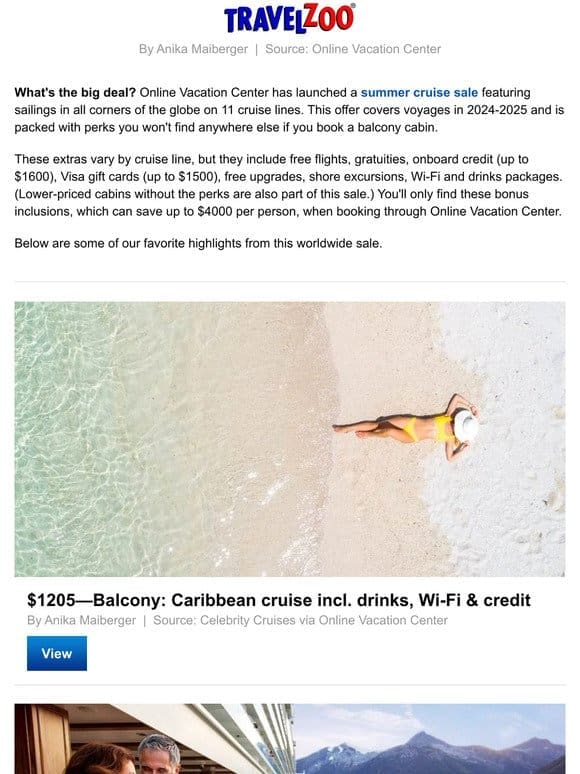 Worldwide cruise sale: balcony cabins w/drinks， tips & more