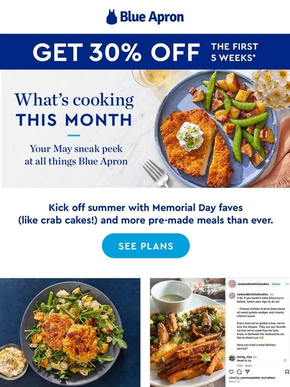 Your Blue Apron May update + 30% OFF.
