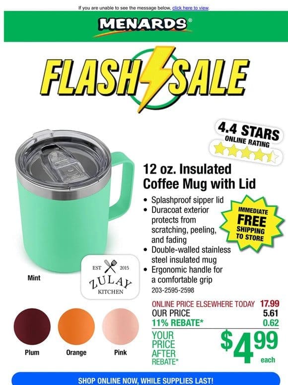 Zulay? 12 oz. Insulated Coffee Mug with Lid ONLY $4.99 After Rebate*!