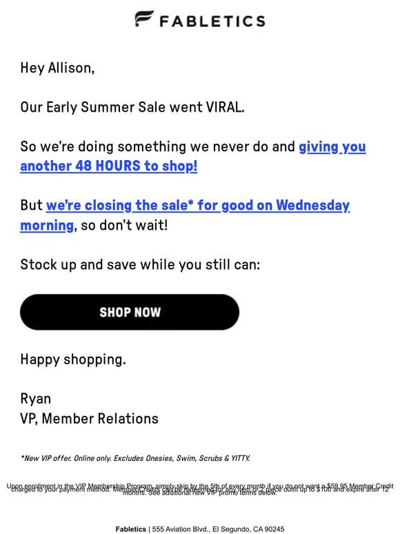 re: the Early Summer Sale