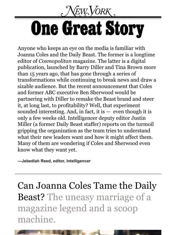 ‘Can Joanna Coles Tame the Daily Beast?’ by Justin Miller