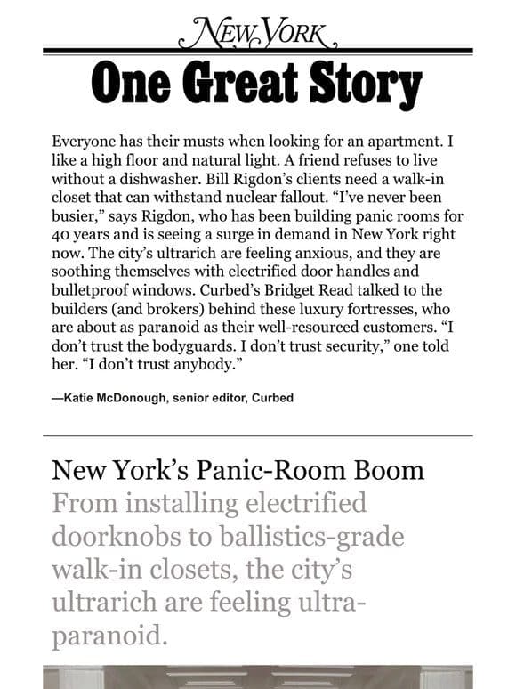 ‘New York’s Panic-Room Boom，’ by Bridget Read