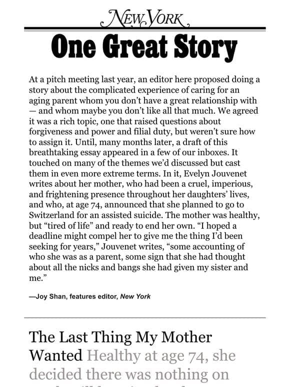 ‘The Last Thing My Mother Wanted，’ by Evelyn Jouvenet