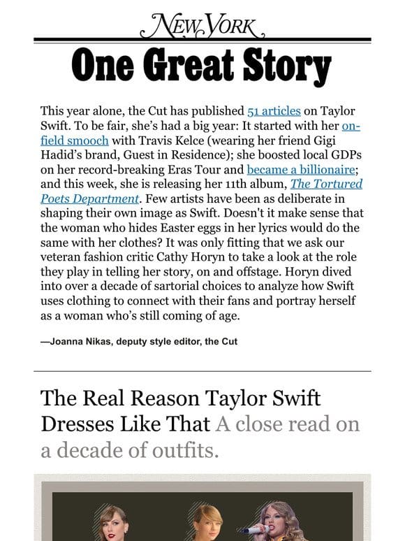 ‘The Real Reason Taylor Swift Dresses Like That，’ by Cathy Horyn