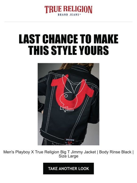 ⌛ Last chance to see the Men’s Playboy X True Religion Big T Jimmy Jacket | Body Rinse Black | Size Large again! ⌛