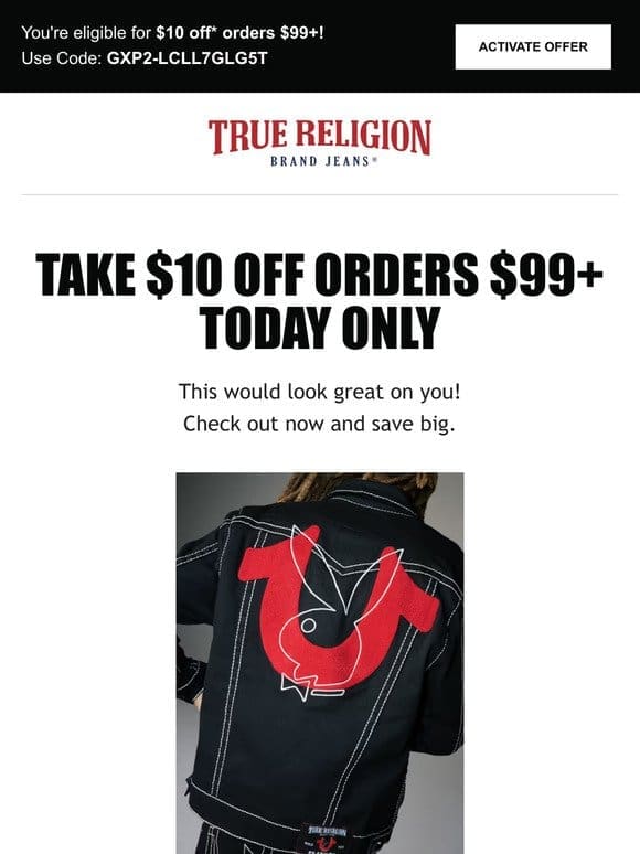 ⏰ Surprise， $10 Off Just For You! Buy Men’s Playboy X True Religion Big T Jimmy Jacket | Body Rinse Black | Size Large Today ⏰