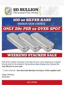 ⏱️ Weekend Deal: 100 oz Silver Bars @ 29¢ Over Spot!