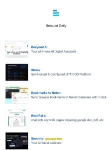 Beeyond AI， Streav， Bookmarks to Notion， ReadPal.ai， and Smartrip